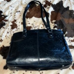 Patricia Nash Essone Signature Map Handbag In Black w/ silver detail; zip close